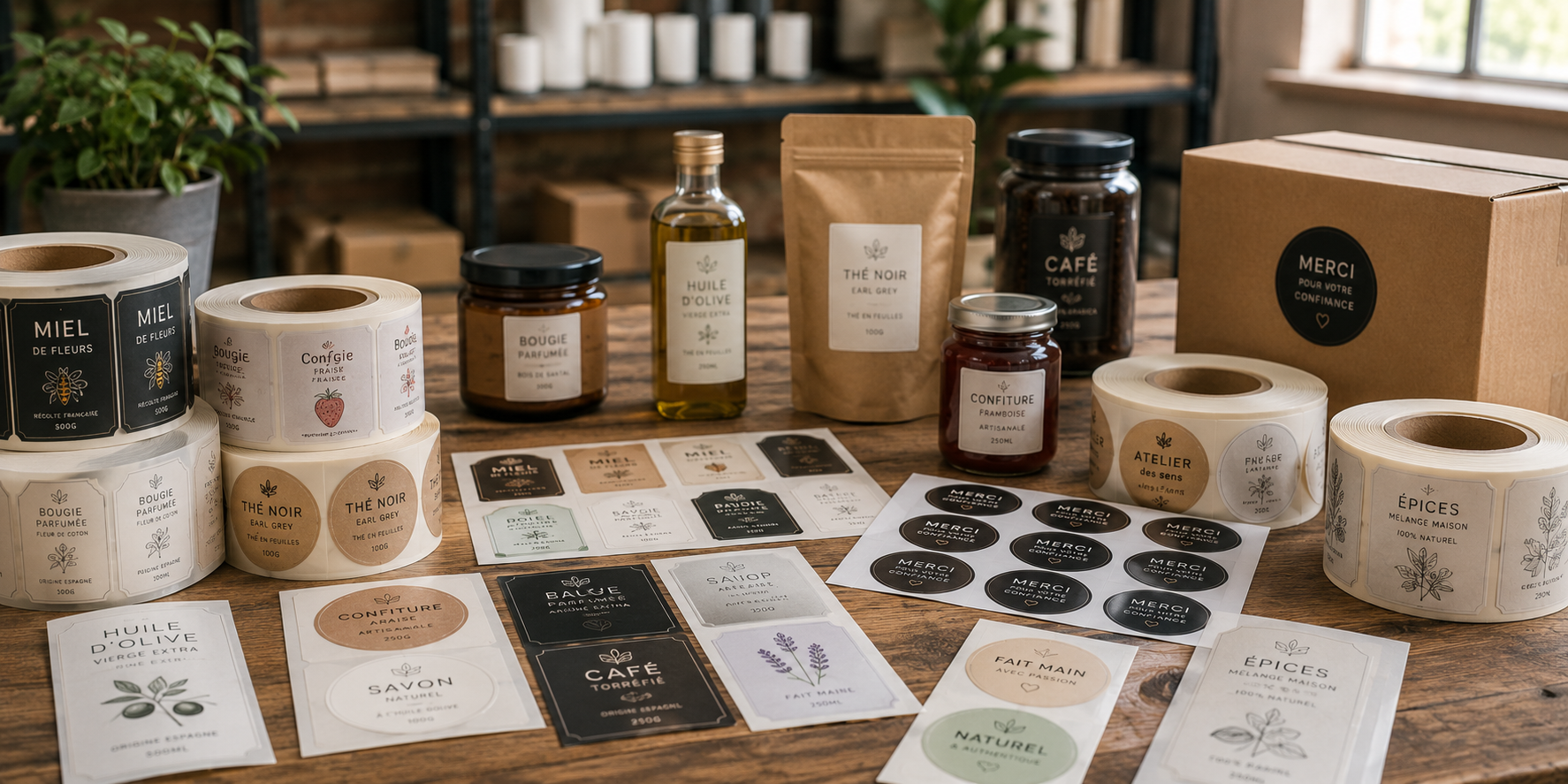 Une table remplie de produits avec des étiquettes en papier personnalisées