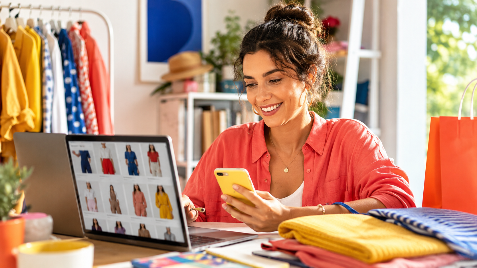 Une femme qui achète des vêtements en ligne