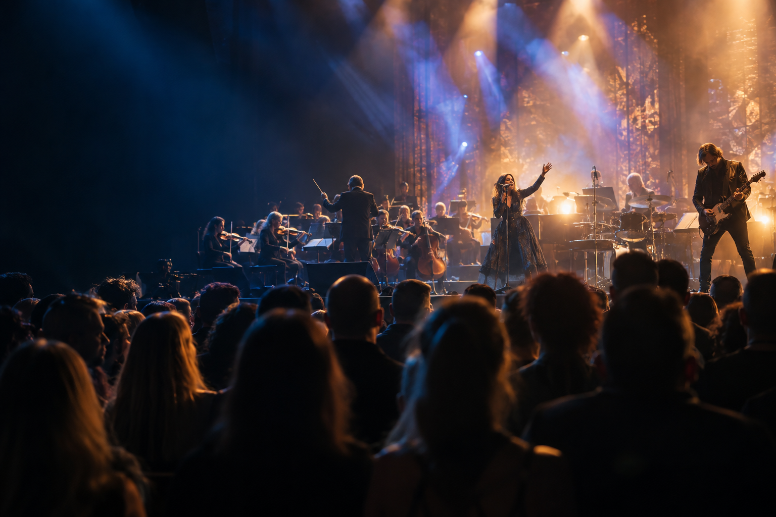 Orchestre symphonique et musiciens rock sur scène devant un public lors d’un concert.