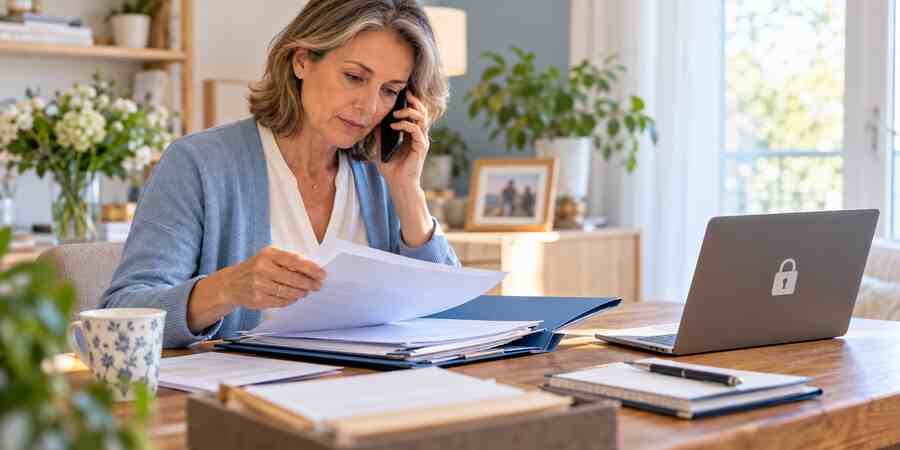 Femme vérifiant des documents successoraux au téléphone devant un ordinateur sécurisé.