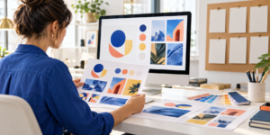 Designer créant une identité visuelle cohérente pour une marque