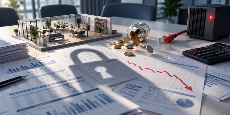 Modèle de start-up, documents financiers, pièces renversées, serveur au voyant rouge et courbe de trésorerie en baisse
