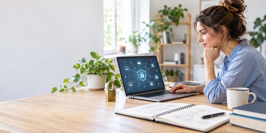 Apprenante étudiant la cybersécurité sur ordinateur dans un bureau lumineux