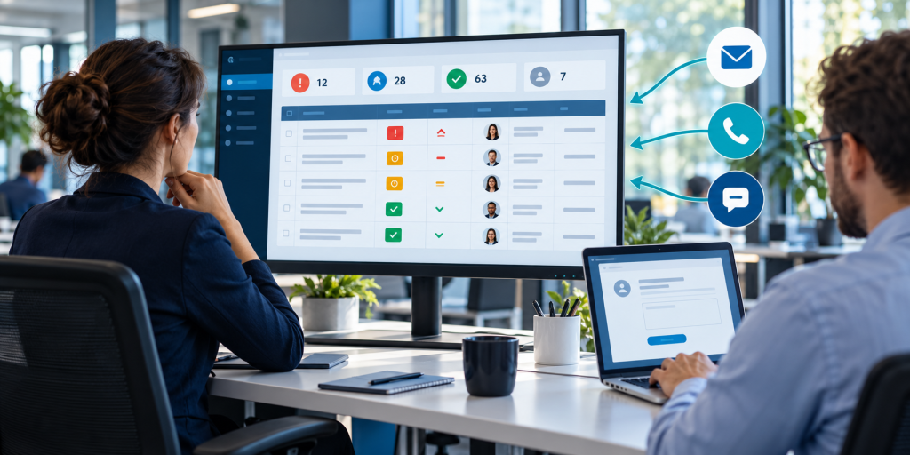 Des demandes reçues par courriel, téléphone et messagerie sont réunies dans un tableau de tickets helpdesk consulté par deux collègues.