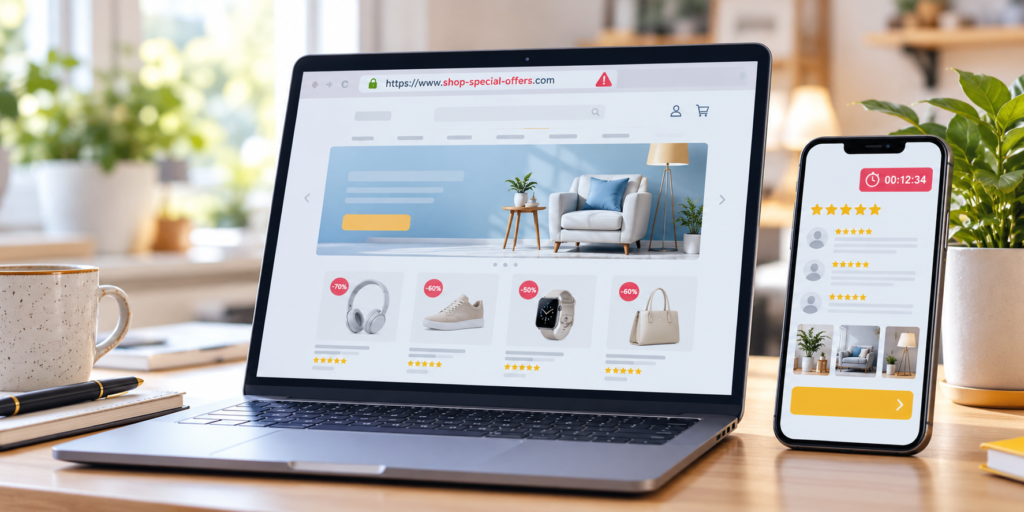 Site de vente en ligne avec avis clients et compte à rebours sur ordinateur et smartphone.