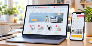 Site de vente en ligne avec avis clients et compte à rebours sur ordinateur et smartphone.