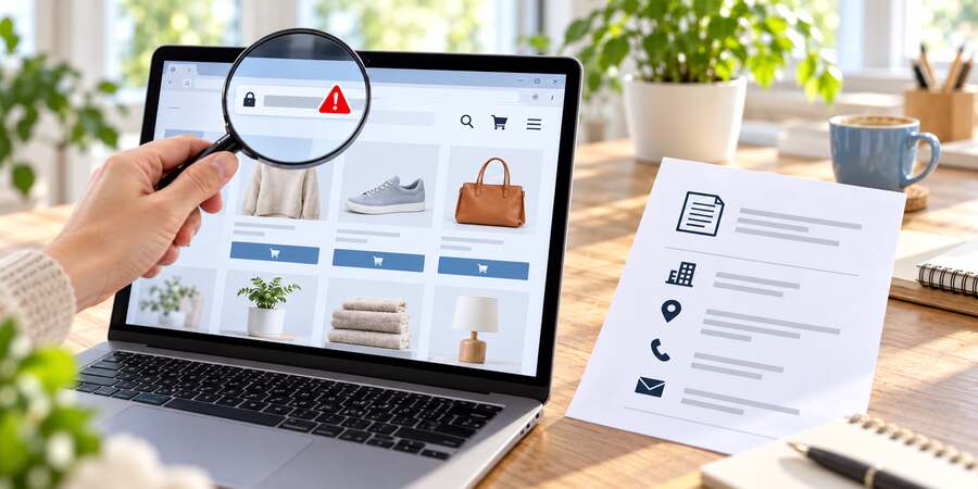 Une loupe vérifie l’adresse web d’un site marchand, près d’un document présentant ses mentions légales.