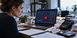 Un ordinateur verrouillé, un terminal de paiement éteint et des factures en attente illustrent l’impact financier d’une cyberattaque sur une start-up